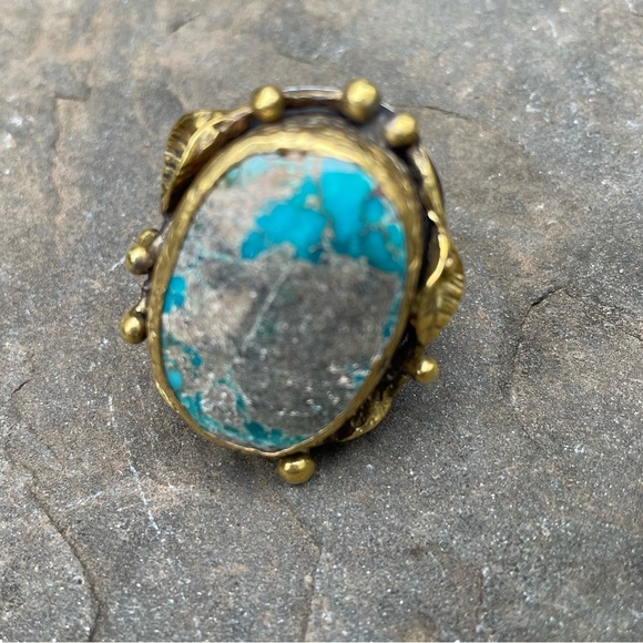 Artisan Bora Turquoise 925 Sterling Silver and Gold Statement Ring Size 7 - Picture 4 of 6